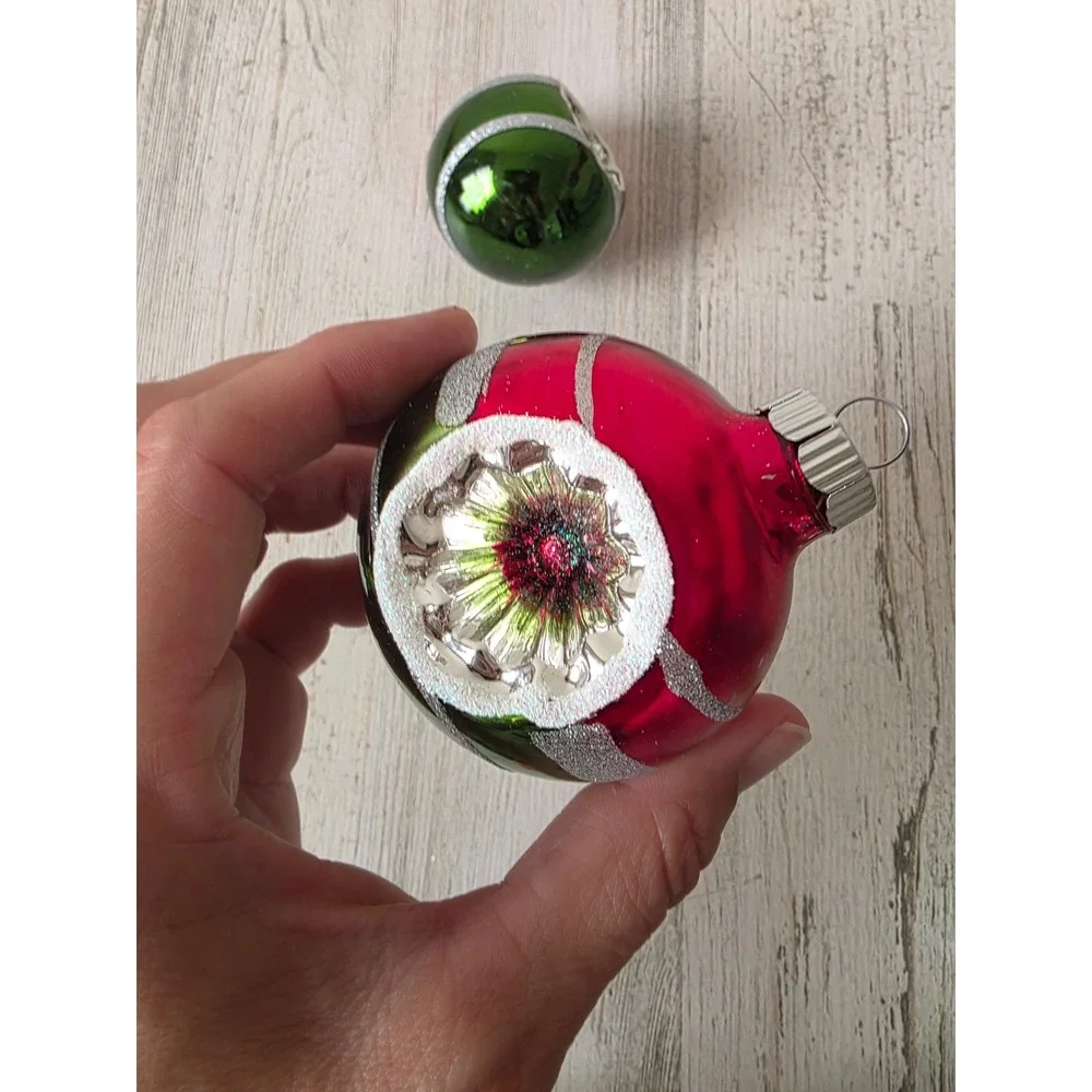 Radko indent glitter Red Green set ornament Xmas tree